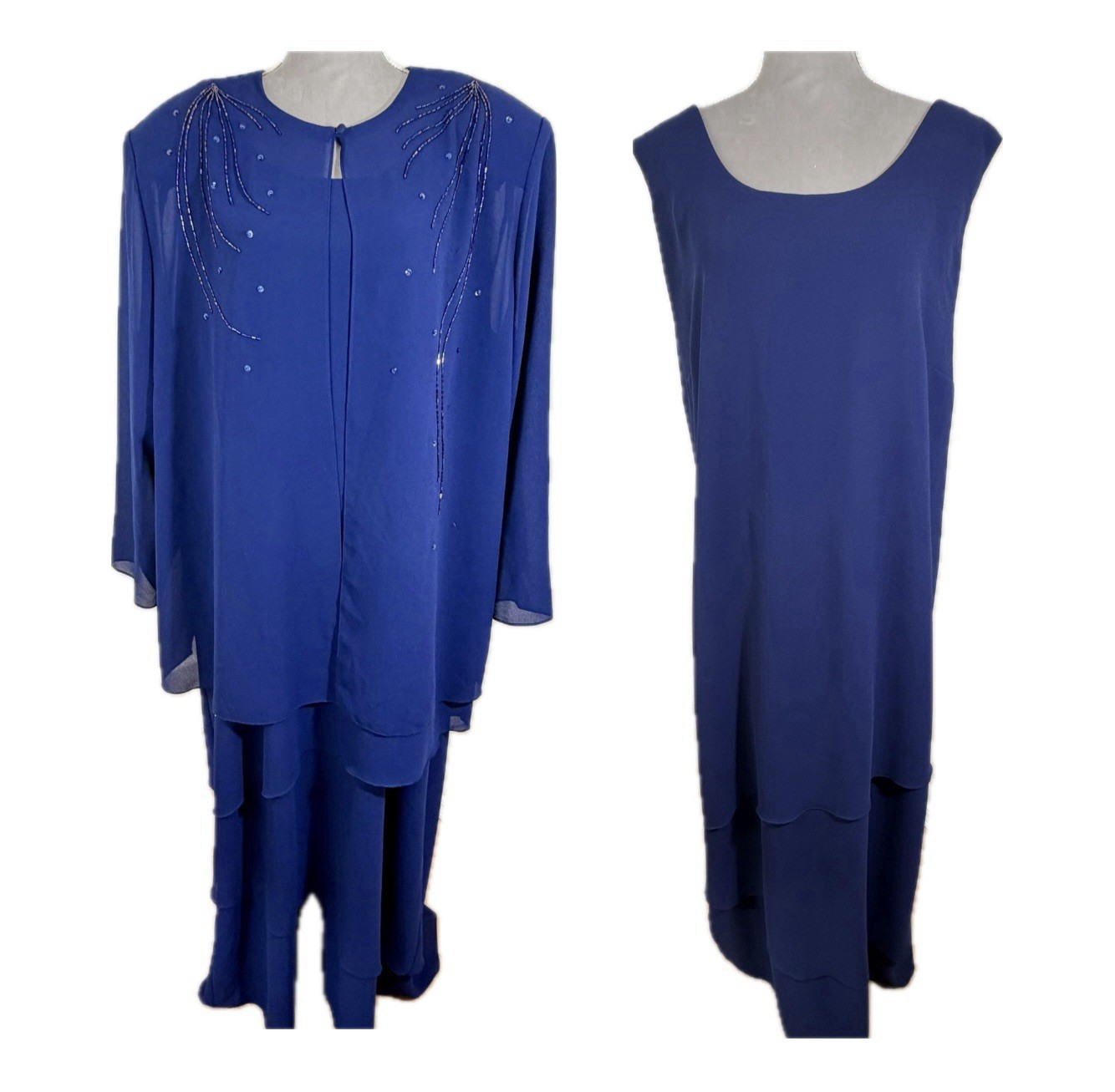 Patra 80s 90s Blue Chiffon Sleeveless Dress Jacket Set 24W Formal Bead Glam USA