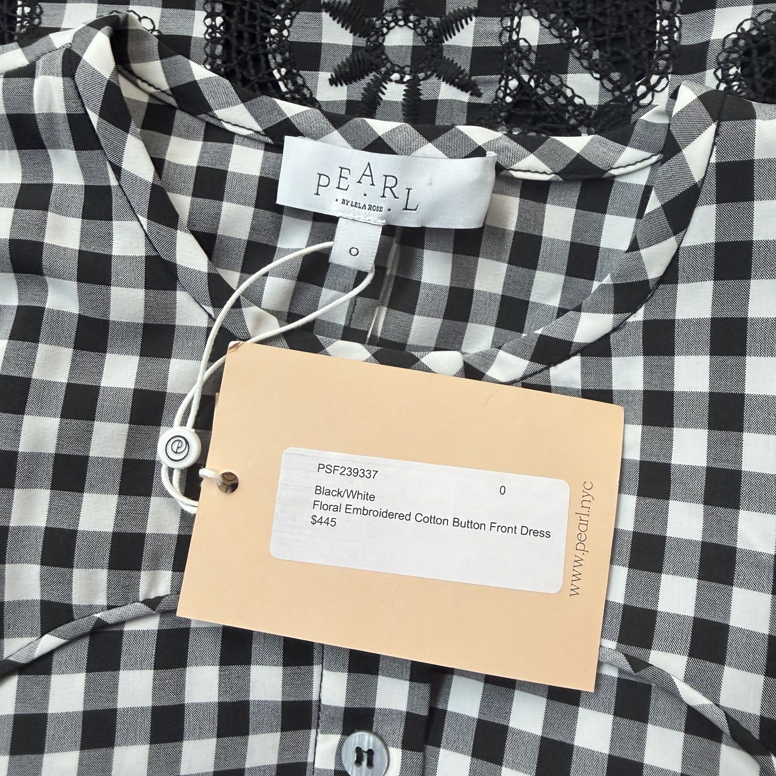 NEW PEARL BY LELA ROSE BLACK WHITE CHECK FLORAL EMBROIDERED BUTTON FRONT DRESS 0