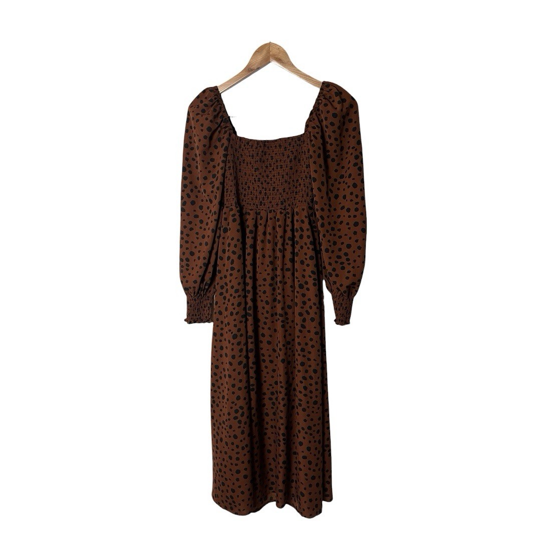 Anthropologie OPT Dress Brown Polka Dot Smocked Puff Sleeve Boho Midi XS