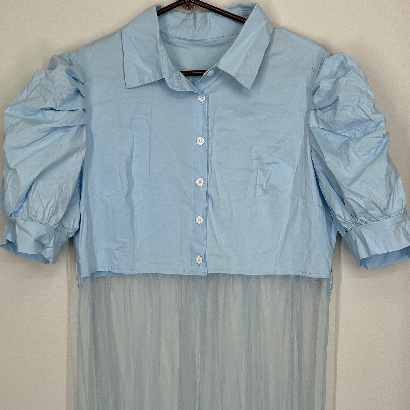 Unique Dress Button Up Top Open Layered Mesh Bottom Women’s Size XL NWT Lt Blue