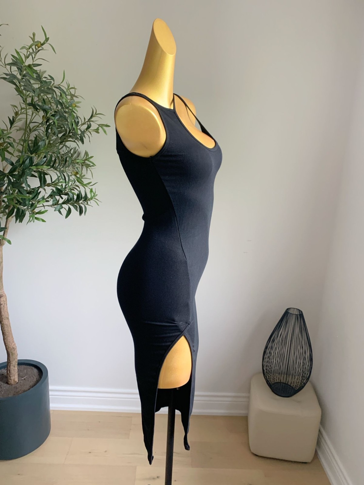 Black Ribbed Asymmetrical Bodycon Midi Dress Side Slit S