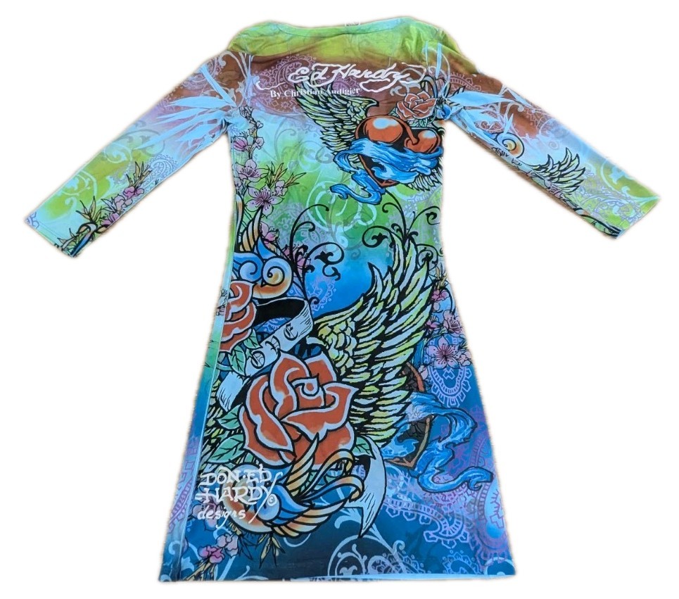 VTG Ed Hardy Christian Audigier Rhinestone Dress Medium Y2K Rose Tattoo Graphic
