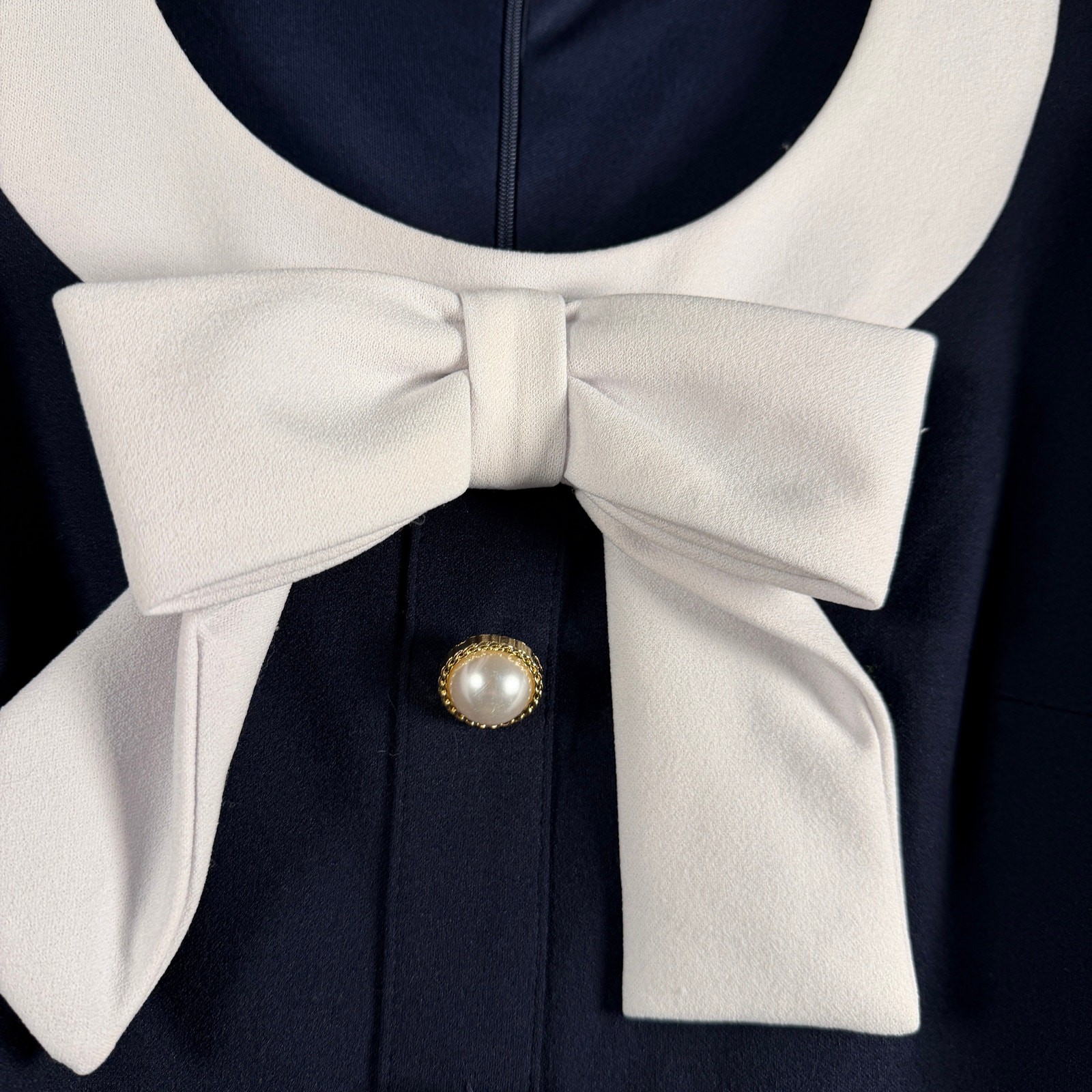 Alexia Admor Navy Bow Dress Pearl Button Front Lg Sl Mini Preppy Chic Size Small