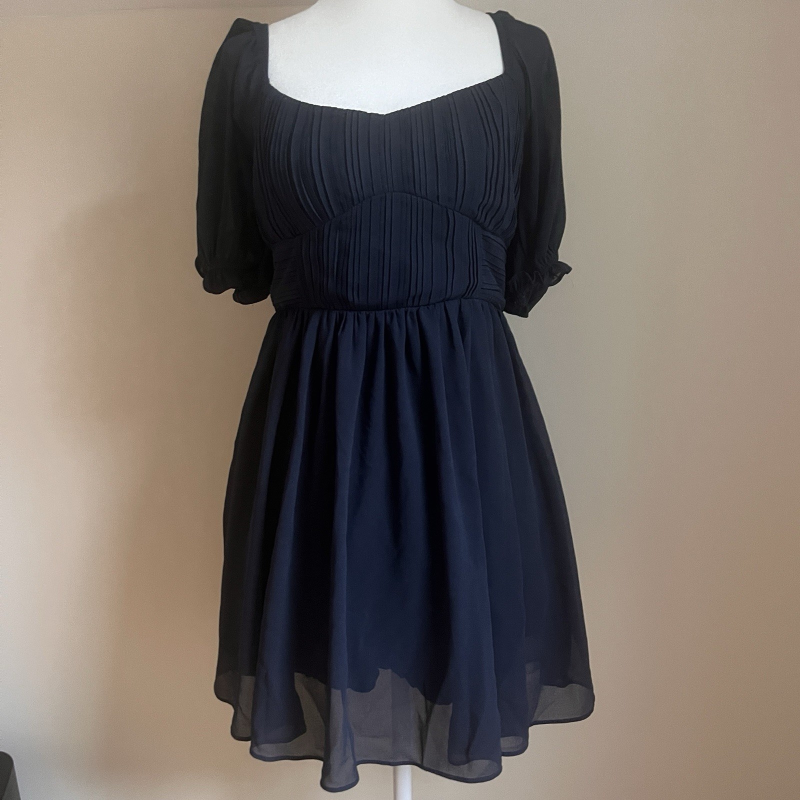 Mi Ami Francesca Navy Chiffon Mini Puff Sleeve Sweetheart Party Cocktail Dress S