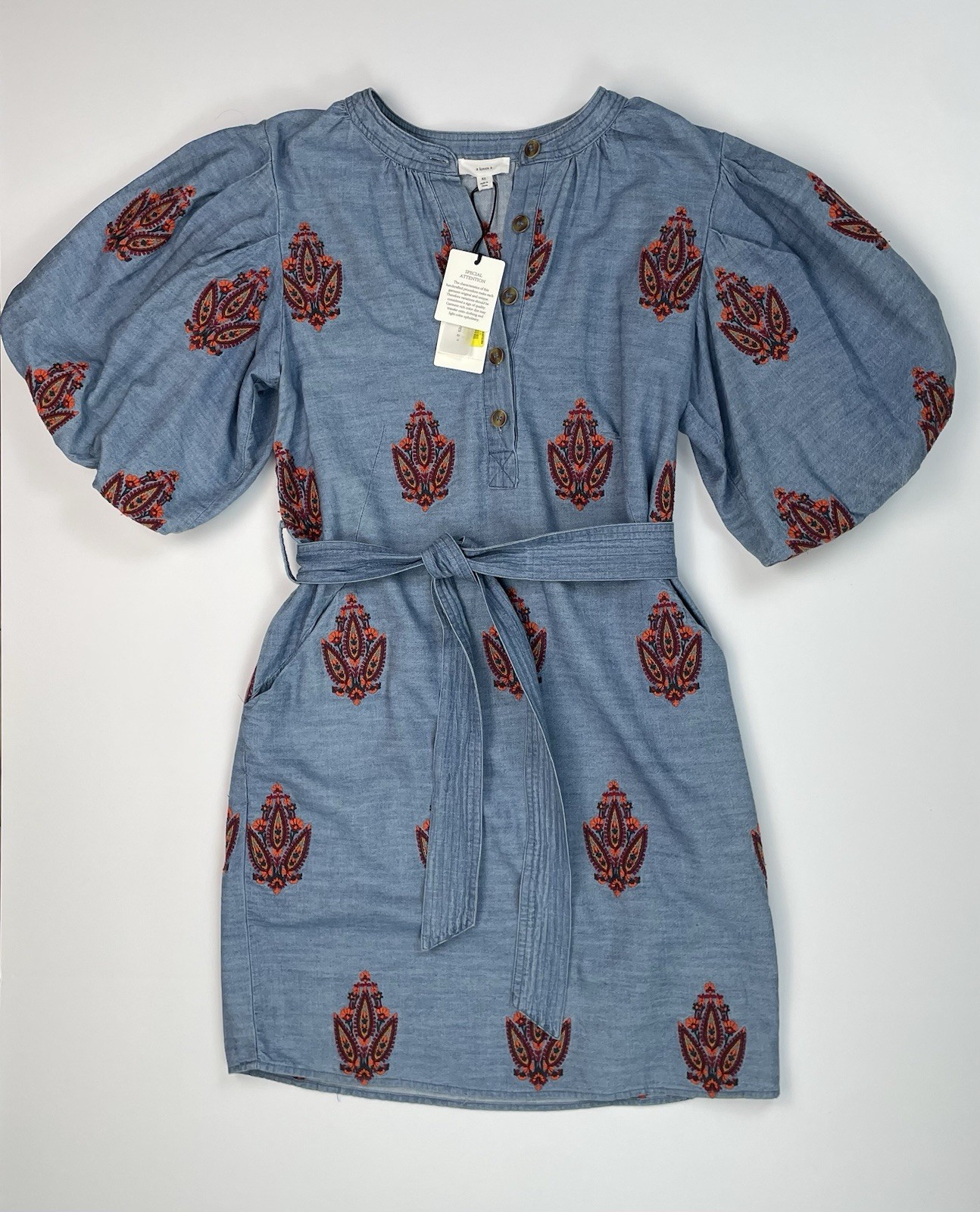 NWT A Loves A Embroidered Chambray Balloon Sleeve Banded Collar Belted Dress XS
