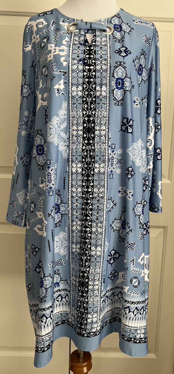 New Directions size S blue white black long bell sleeve A-line dress