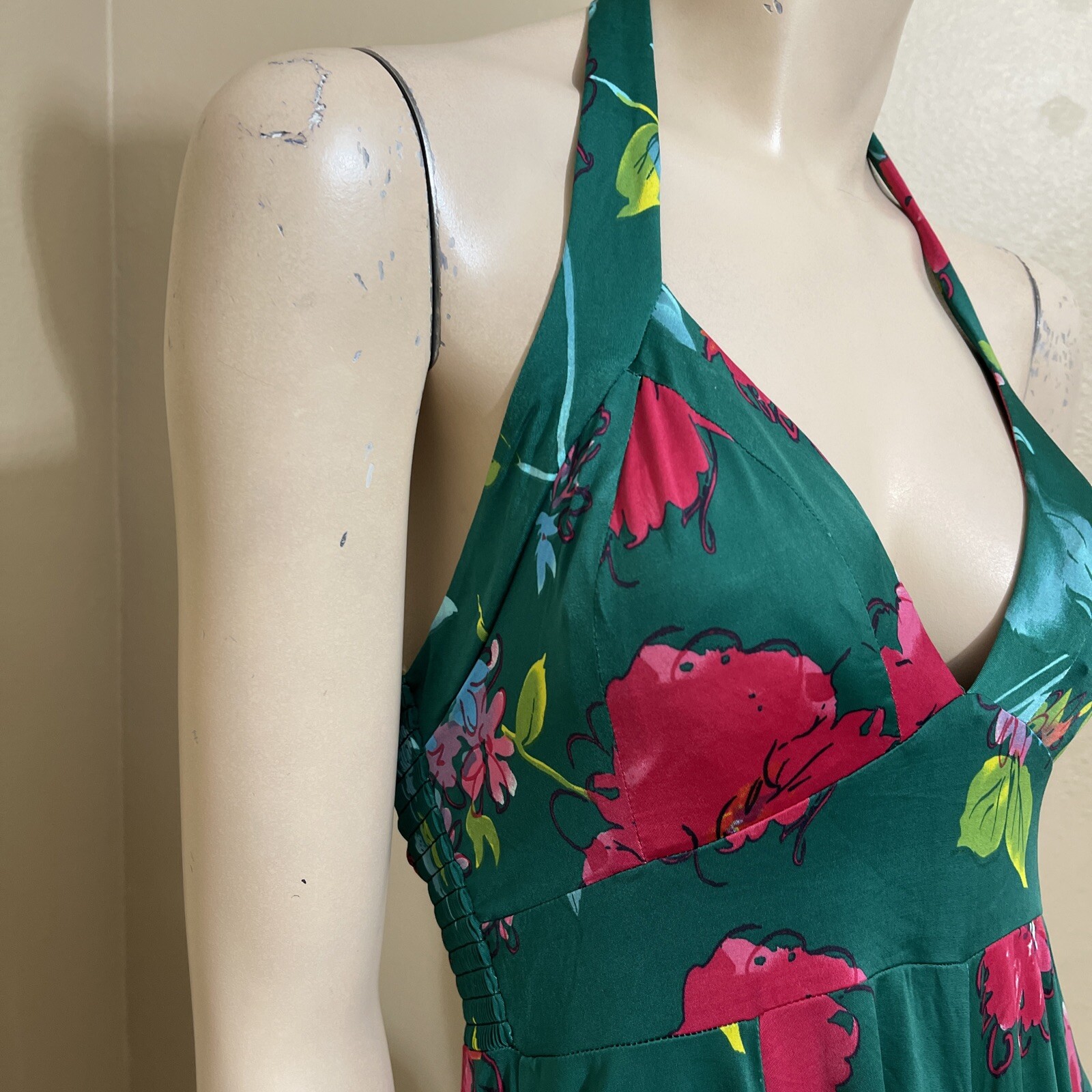 Women’s Green Floral Bright Polyester Casual Stretch Open Tie Size L Sundress