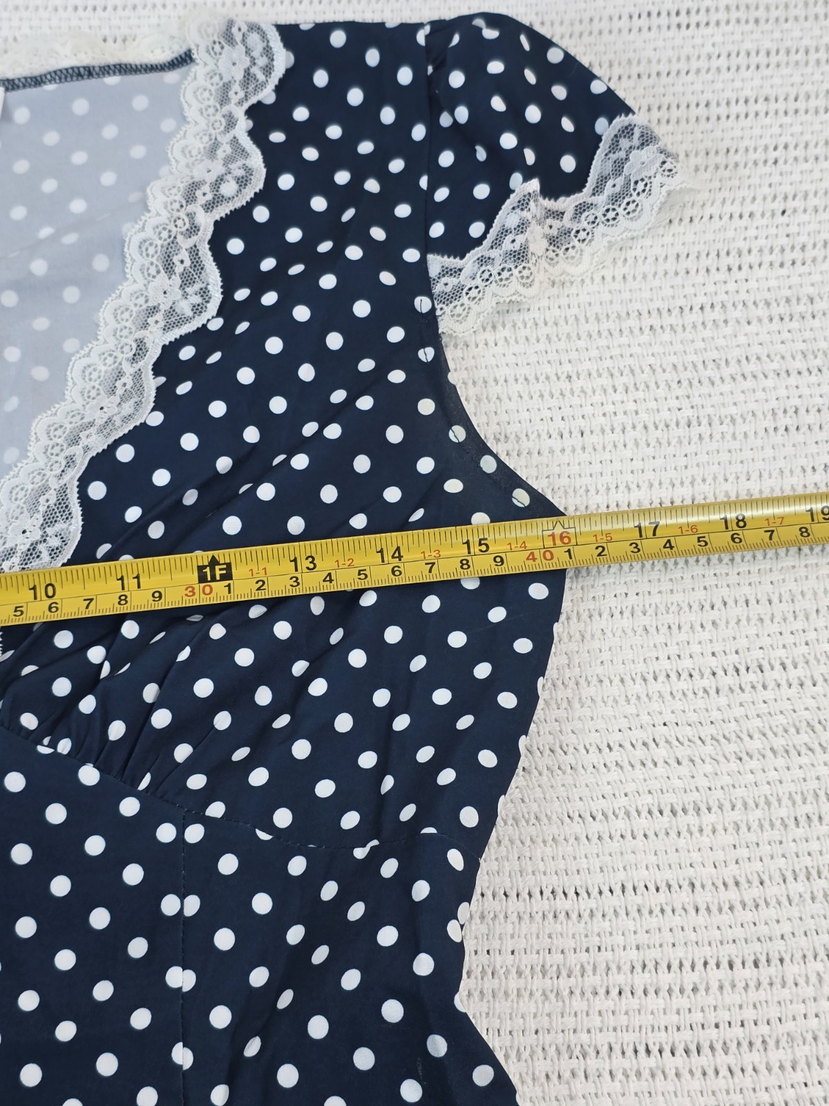RIHOAS Navy White Polka Dot Lace Trim V-Neck Maxi Dress XS Short Sleeve