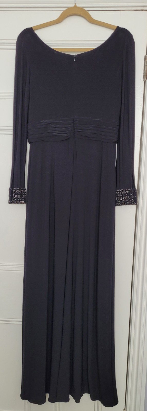 Long black long-sleeved Ariella evening dress fully lined beaded cuff size 14
