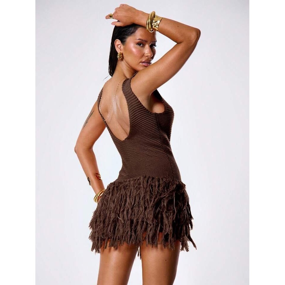 Musera Open Back Fringe Knit Mini Dress XS Brown Boho Western Festival Cowgirl