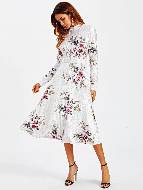 SHEIN White Floral A-Line Midi Dress High Neck Long Sleeve Size XS