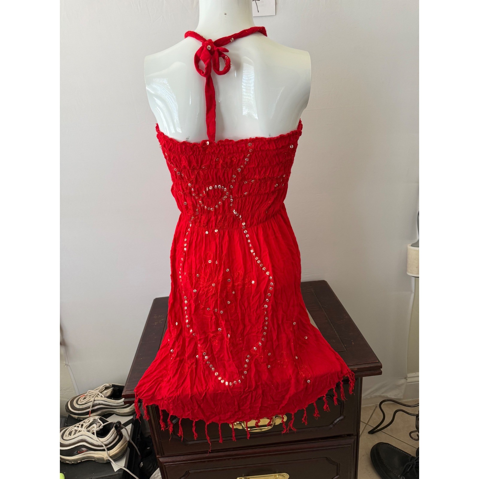 Halter Mini Dress Y2K Sequin Embroidered Fringe Red Small-Medium