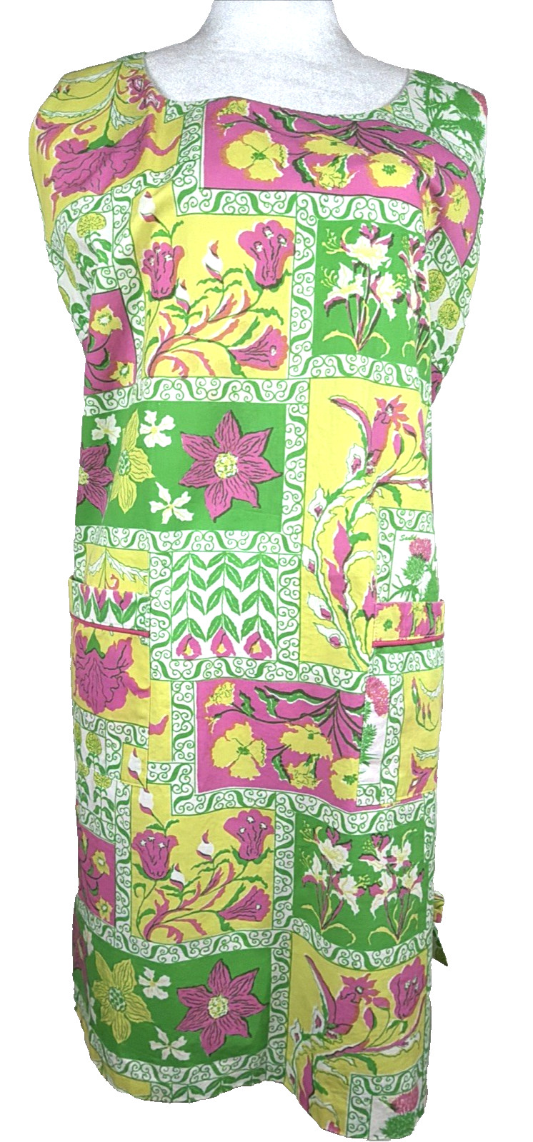 VINTAGE SANIBEL SPORT Patchwork Floral Pink Green Yellow A-Line Resort Beach Med