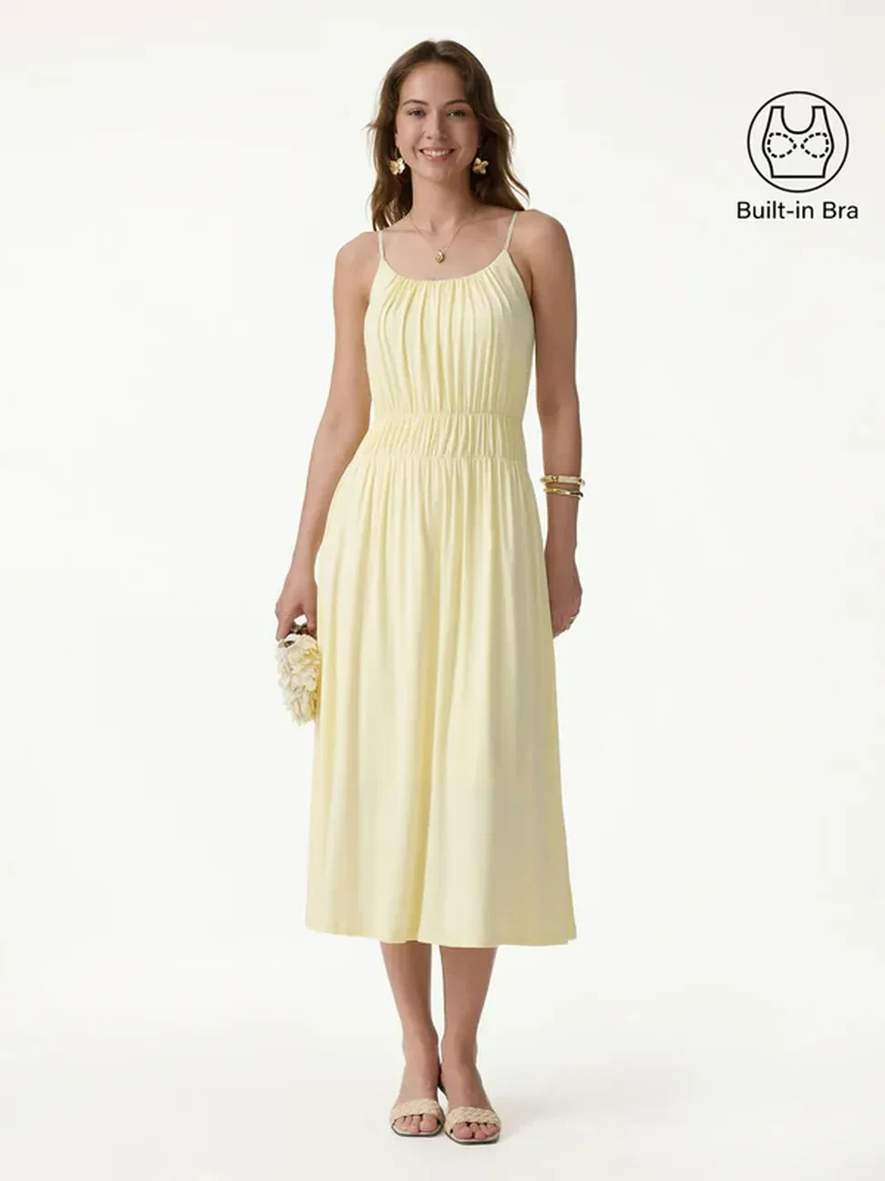 OLG Vacay Gathered U-Neck Spaghetti Midi Bra Dress with Pockets, US Stock