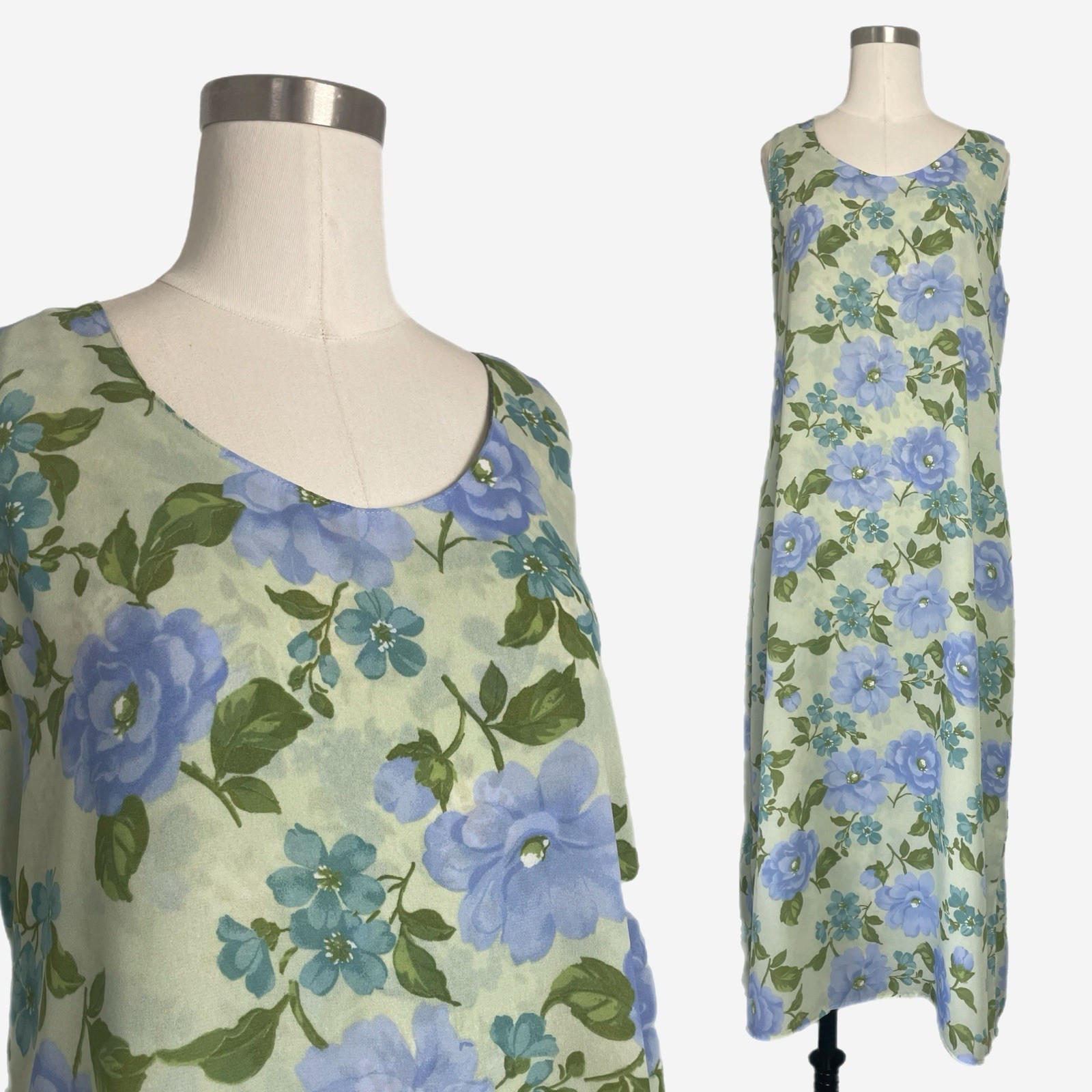 Vintage Y2K Studio Ease Sage green floral column sack midi dress tie back L/XL