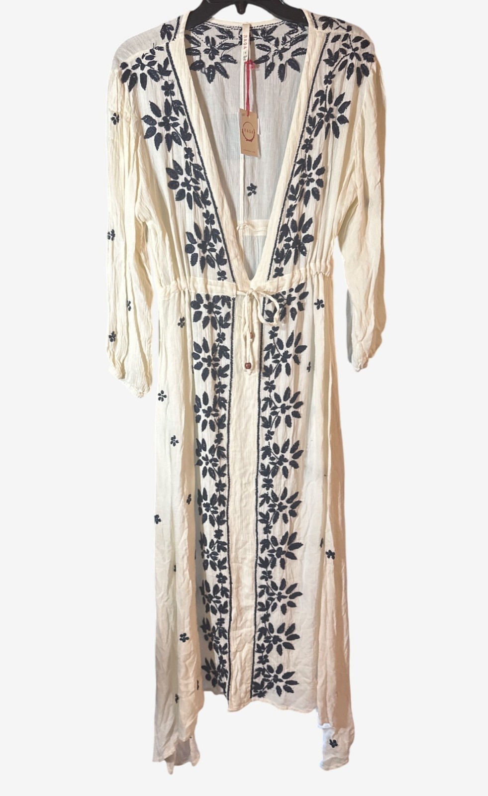 Anthro Raga Womens Embroidered Maxi Dress M/L White & Navy Boho Crinkle Fabric