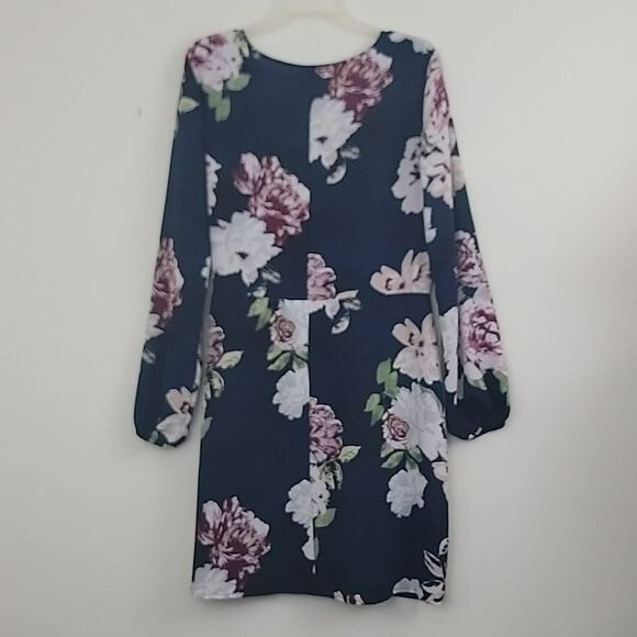 Eyeshadow Navy Burgundy & White Floral Long Sleeve Wrap Dress XL