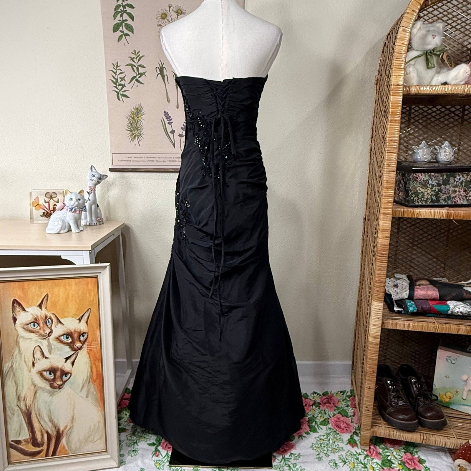 90s Y2k Beaded Floral Corset Back Ruched Formal Dress Romanitc Goth Sexy Glam XS