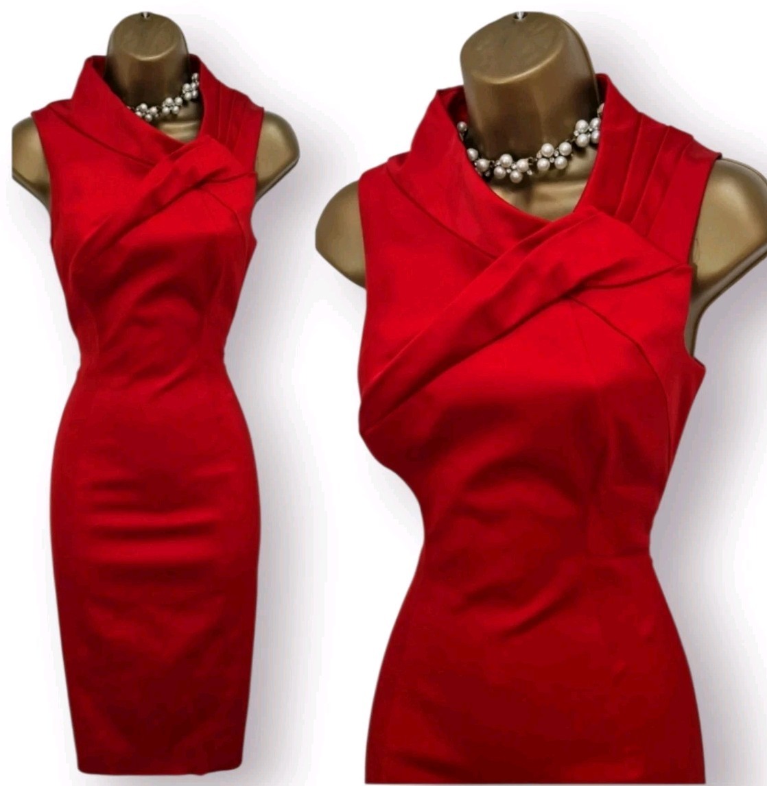 Karen Millen UK 12 Knot Neck Scarlet Red Satin Wiggle Pencil Occasion Dress