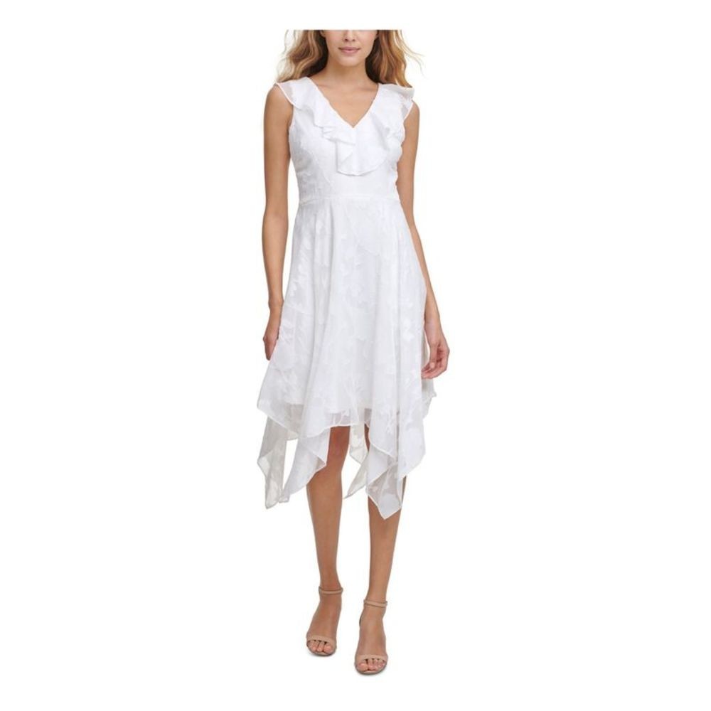 Kensie Dresses Womens White Handkerchief Hem Midi Dress Sz 14 Ruffle Sleeve