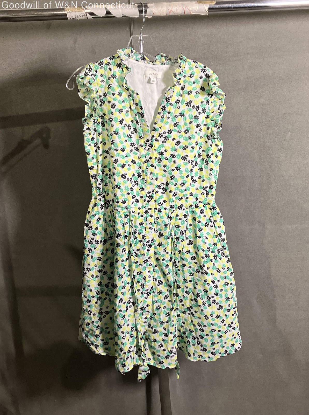 On 34th Women’s White Green Floral Sleeveless Cotton Modal Ruffle Dress Sz S