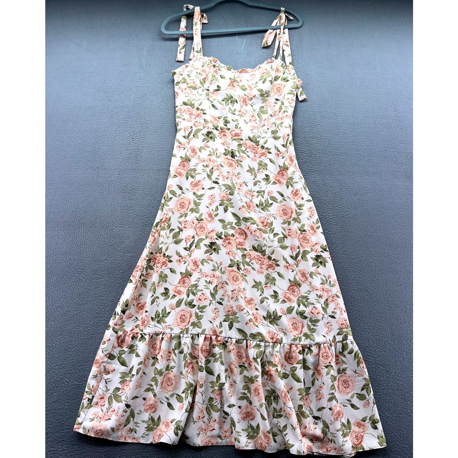 OPT Dress M Floral Rose Print Tie Shoulder Midi Smocked Back Cream Pink Green
