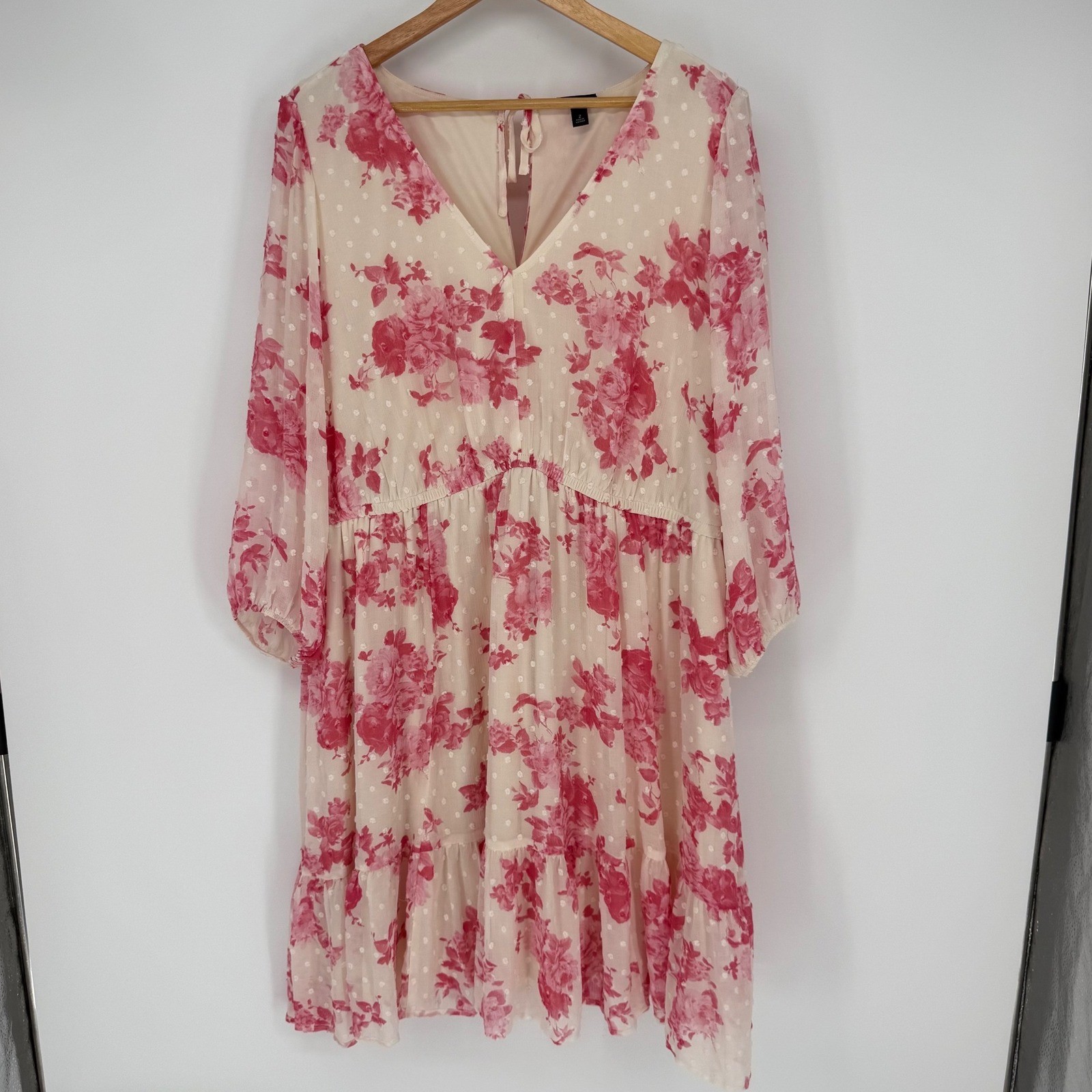 Torrid Pink Gauzey Floral Swiss Dot V-Neck Ruffle Mini Dress Sheer Off White 2X