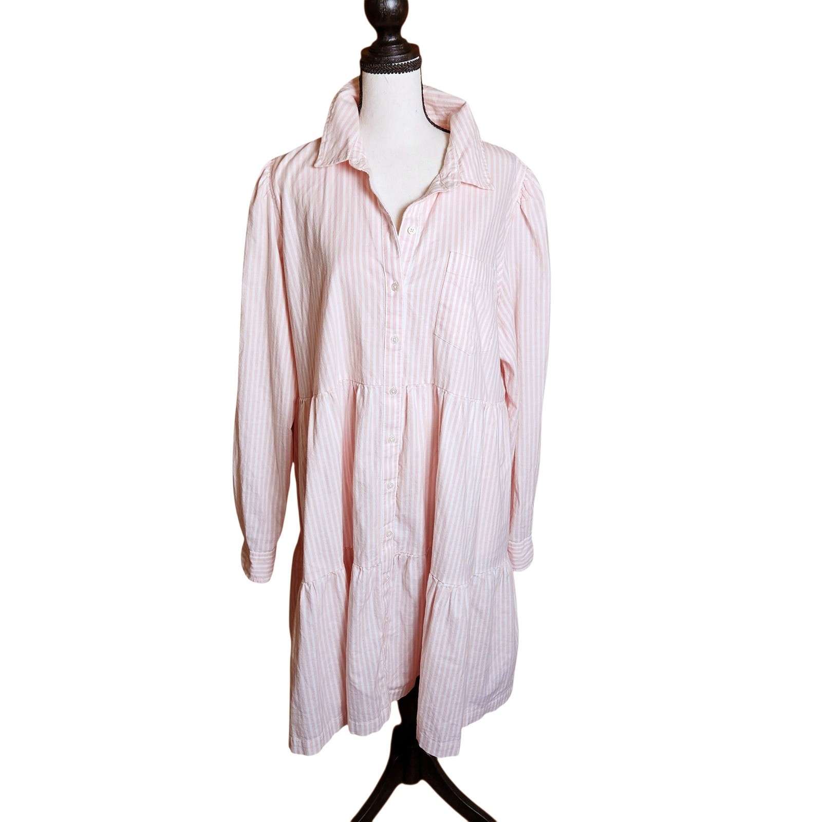 Crown & Ivy Pink White Striped Tiered Shirt Dress Womens XXL Long Sleeve Pockets