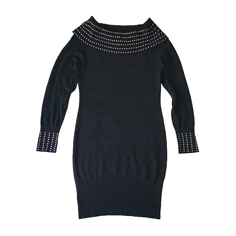 Say What ? Sweater Dress Womens Size Large Foldover Neck Goldtone Studded Black