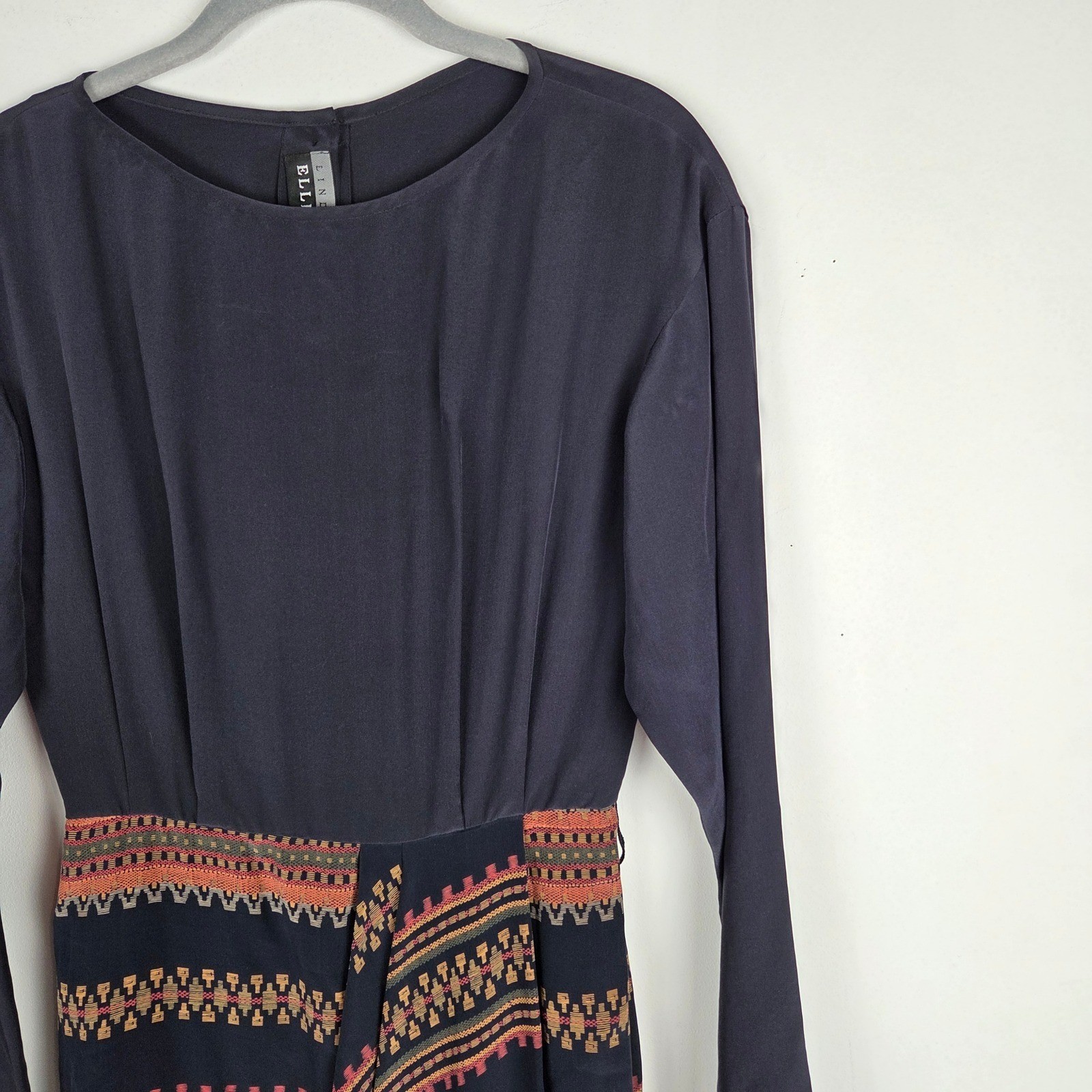 Vtg Ellen Tracy Linda Allard Petite Navy Blue Silk Long Sleeve Dress Aztec Sz 2
