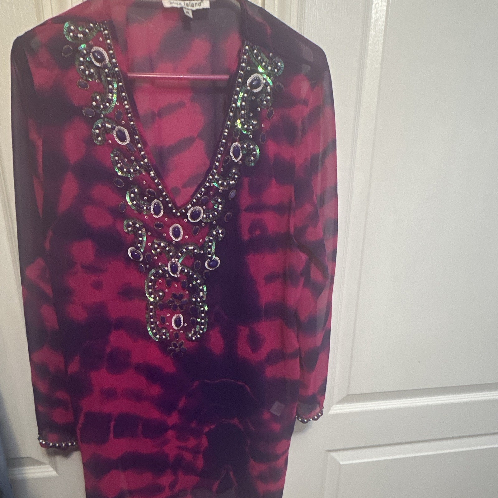 Blue Island XL Pink Purple Tie Dye V-Neck Beaded Sequin Midi Mini Dress