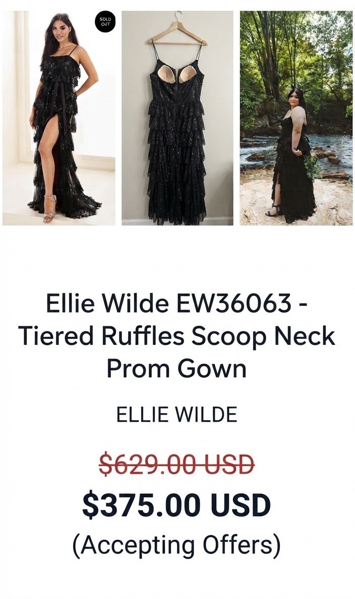 Ellie Wilde EW36063 Black Sequin Tulle Scoop Neck Slit Long Gown Sz 18