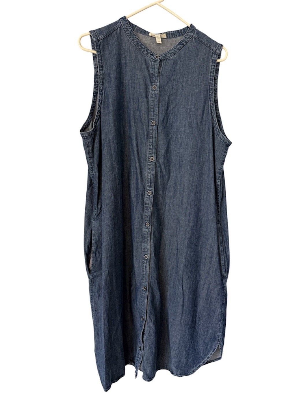 Eileen Fisher Blue Sleeveless Cotton Tencel Denim Shirt Dress Large Minimalist