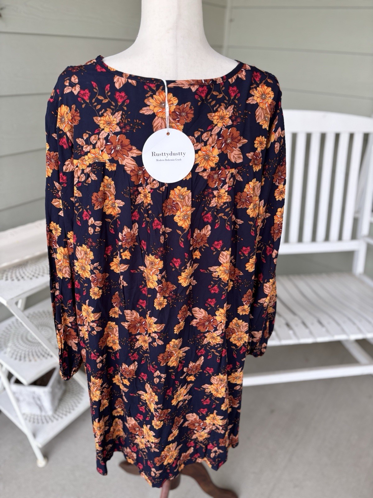 NWT Rusttydustty Dress Womens 1X Boho Long Sleeve Navy Floral V Neck Botique