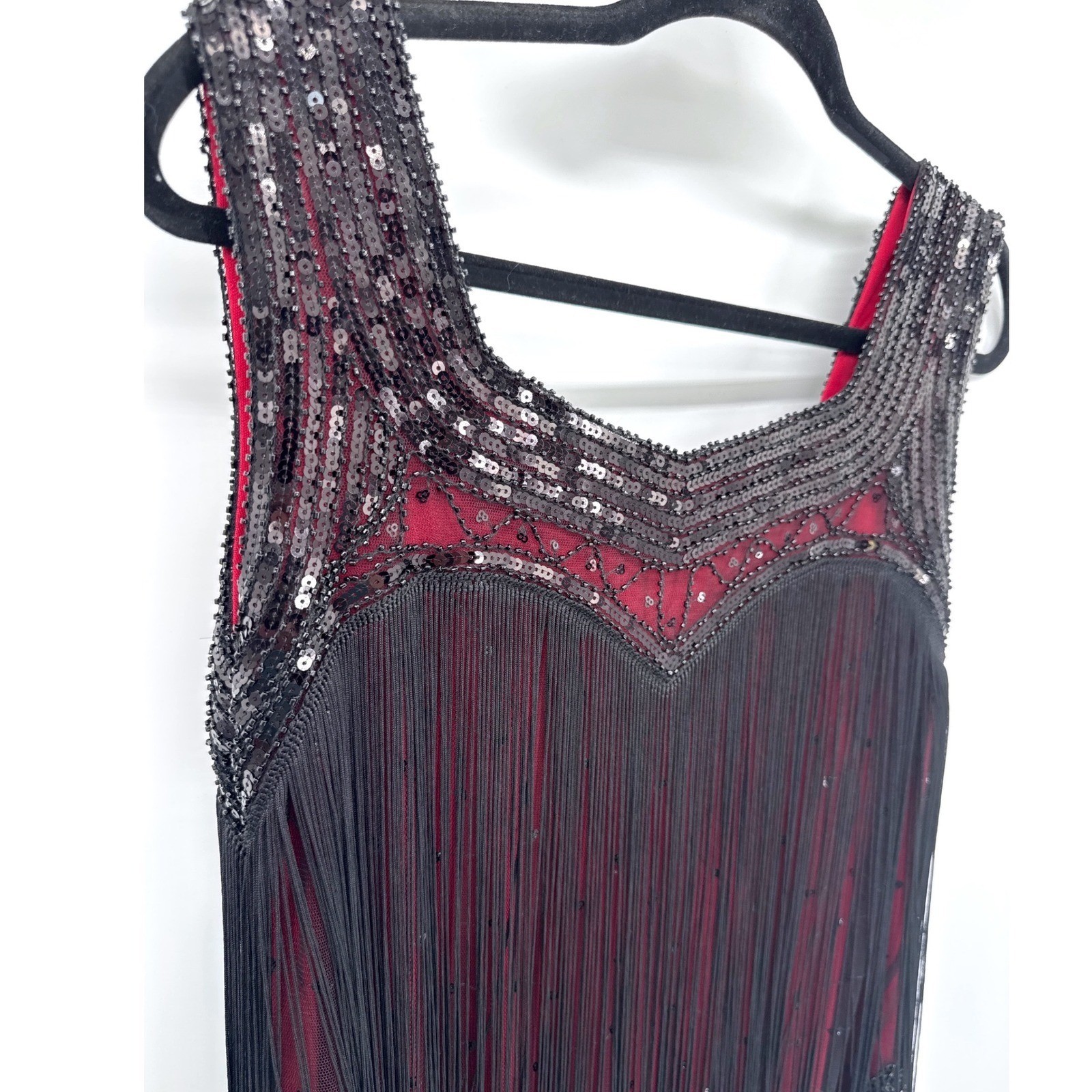Flapper Sequin Great Gatsby 1920’s Style Fringe Dress Large Red Black Sequin