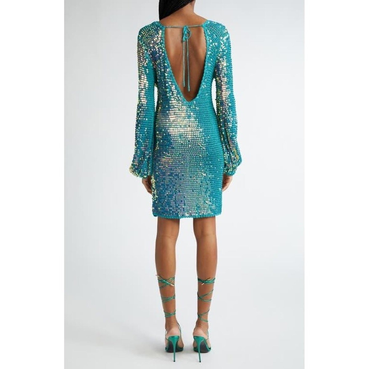 Retrofête Teal Sequin Crochet Mini Dress Open Back Iridescent Green M/L