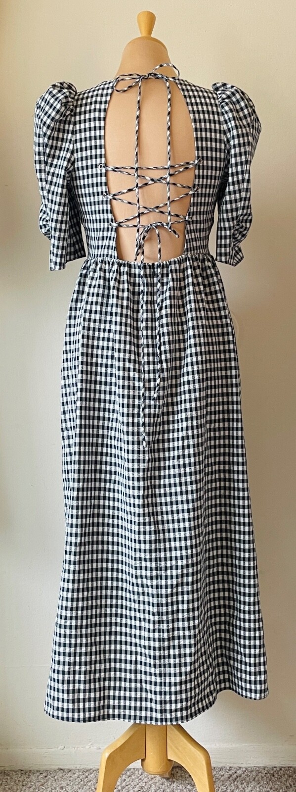 Topshop Size US 6 EU 38 Navy Blue & White Gingham Puff Sleeve Laced Back Dress