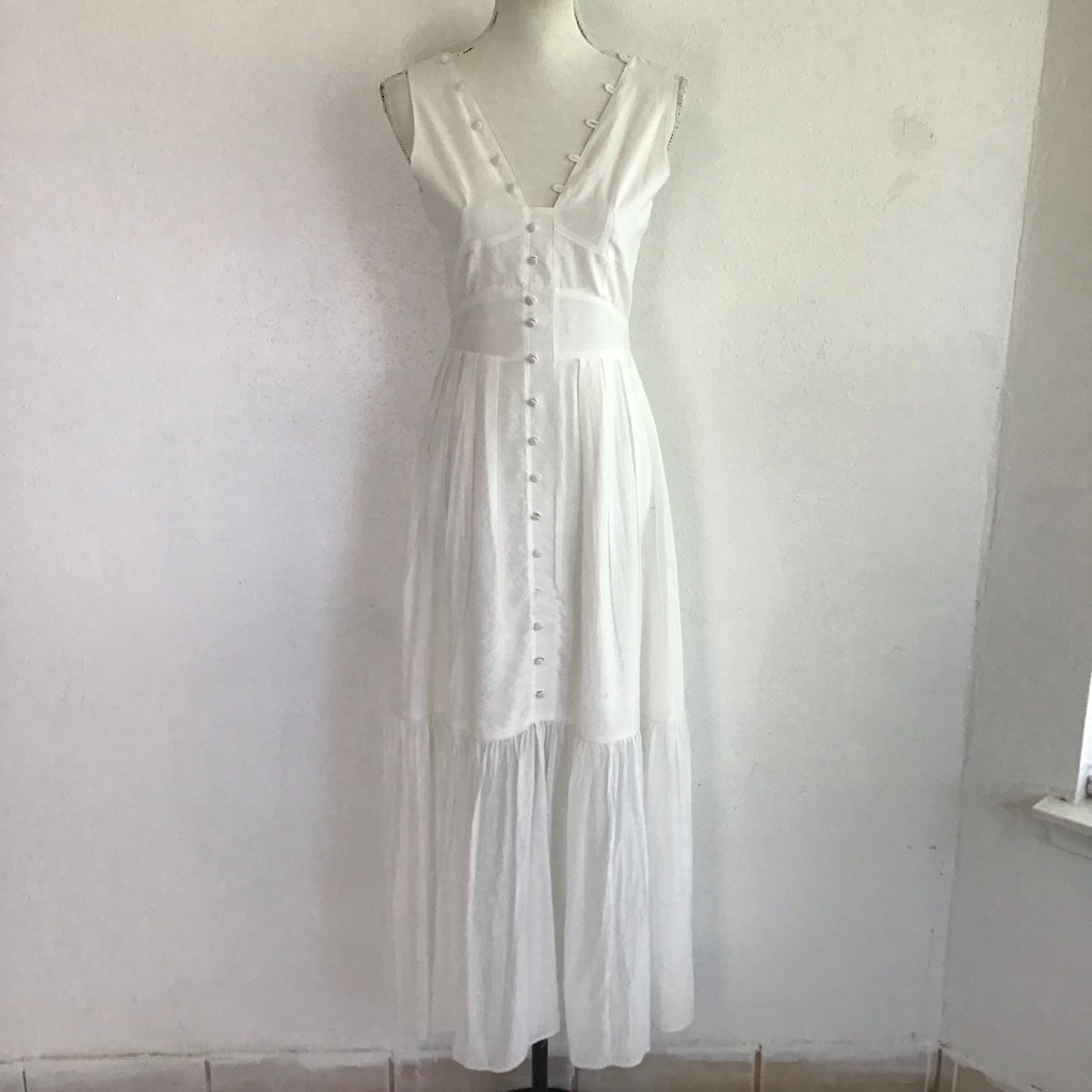 Posh Mia Women Elegant White Sleeveless Button-Front Sheer Bottom Maxi Dress S