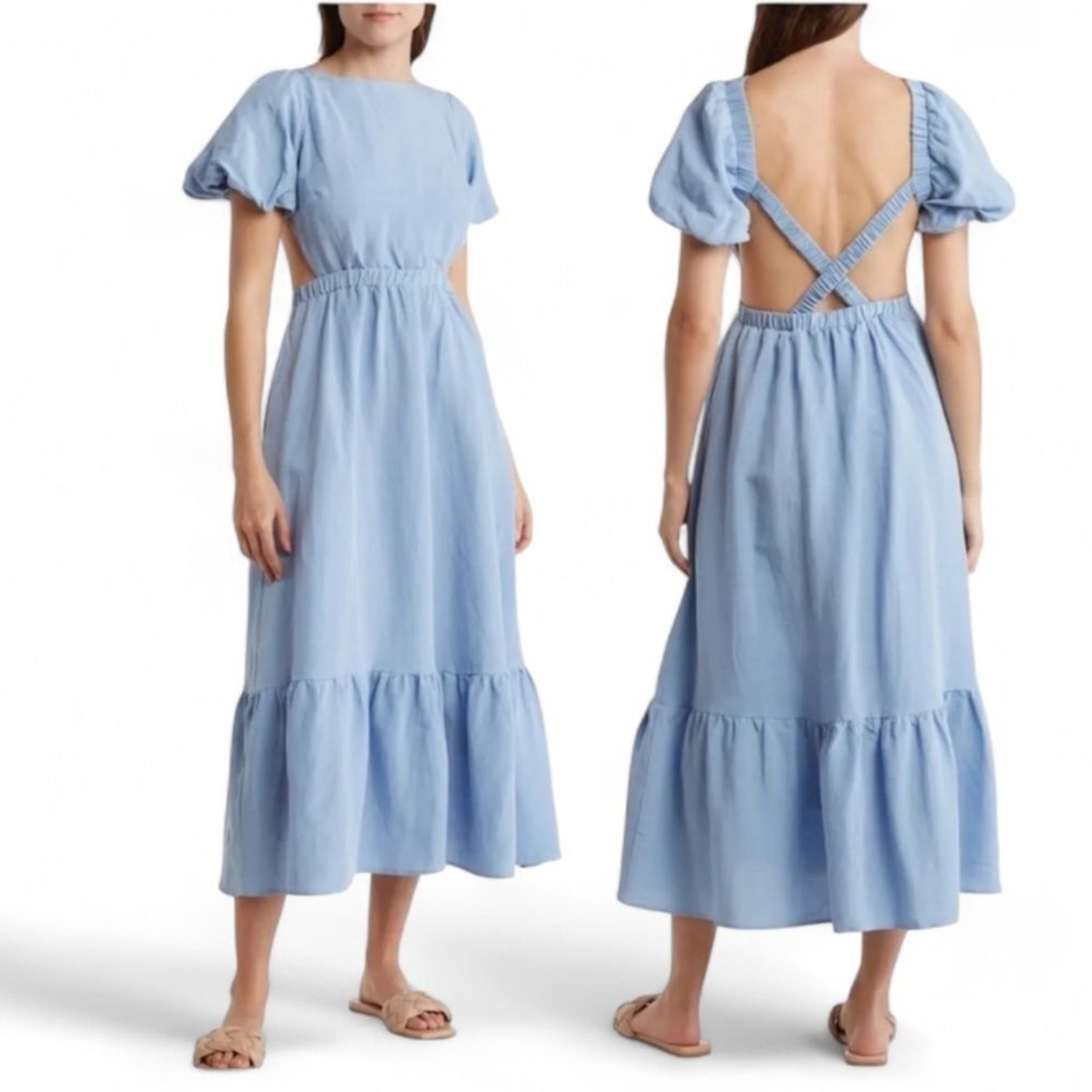ASTR The Label Jelena Light Blue Backless Dress with Puff Sleeves Maxi Dress M