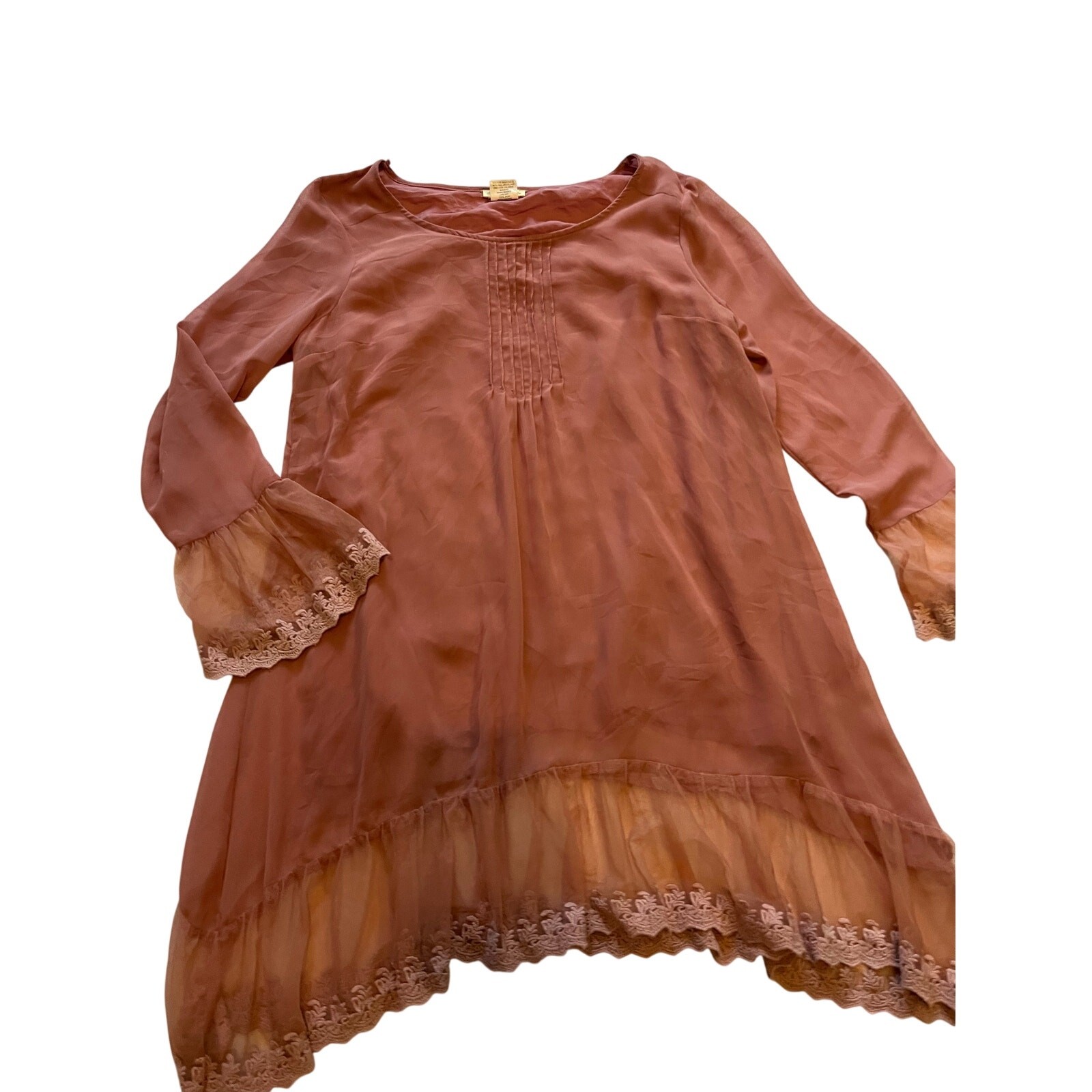 Sweet Magnolia Boho Dress L Dusty Rose Pink Lace Trim Chiffon Tunic Bell Sleeve
