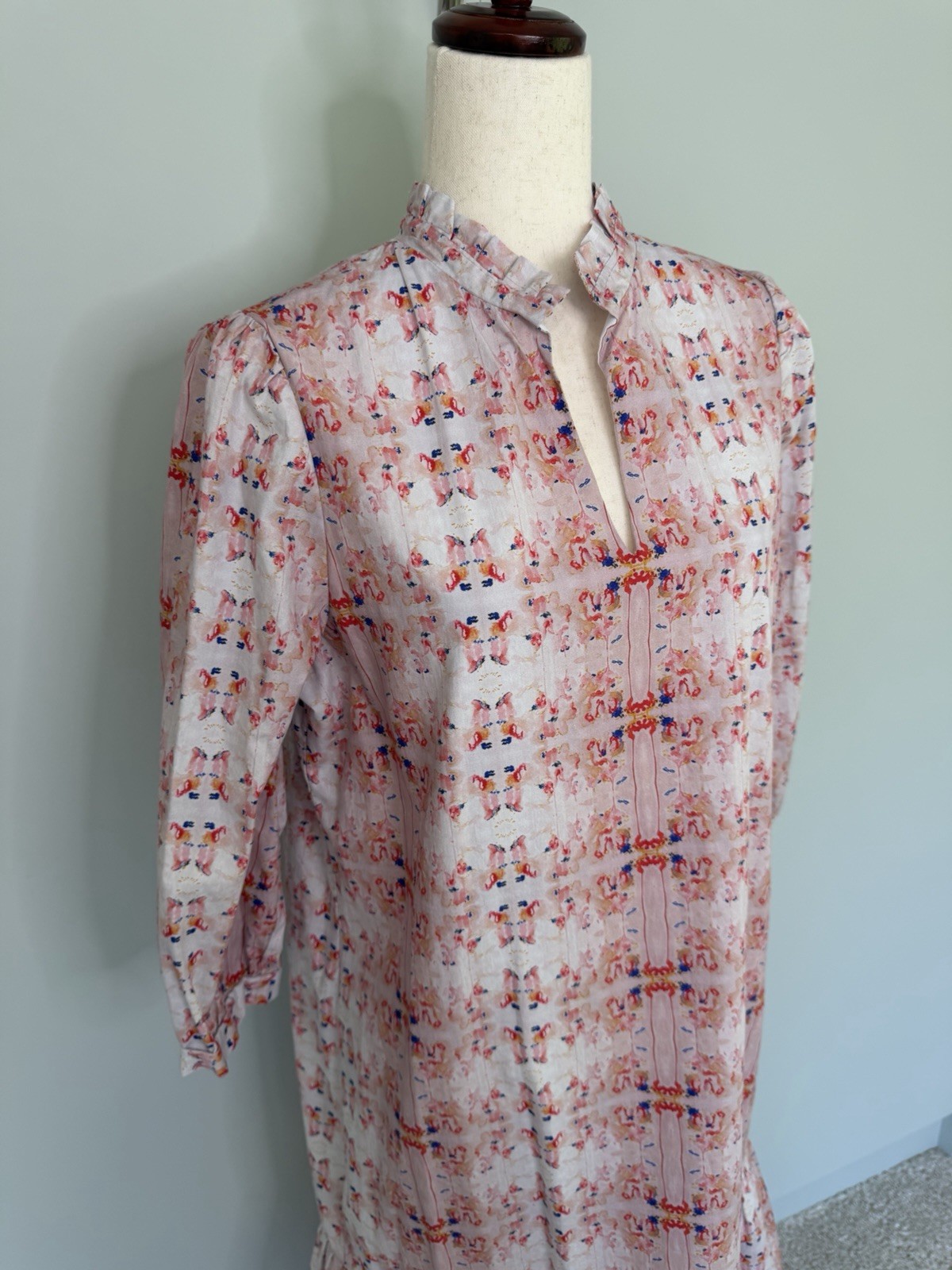 BROOKE WRIGHT DESIGNS 3/4 Sleeve Kaftan Midi Dress Ink Blot Peach Print Sz Large