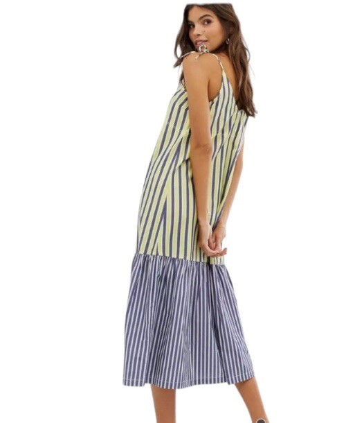 ASOS Sundress Blue Yellow Stripe Peplum Midi Smock Button Front Tie Sleeves US 0