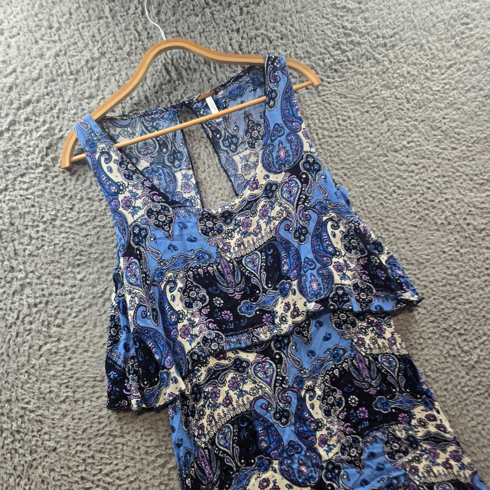 Ghanda Dress Womens A-line Mini Size M Blue Ivory Paisley Layered Sleeveless