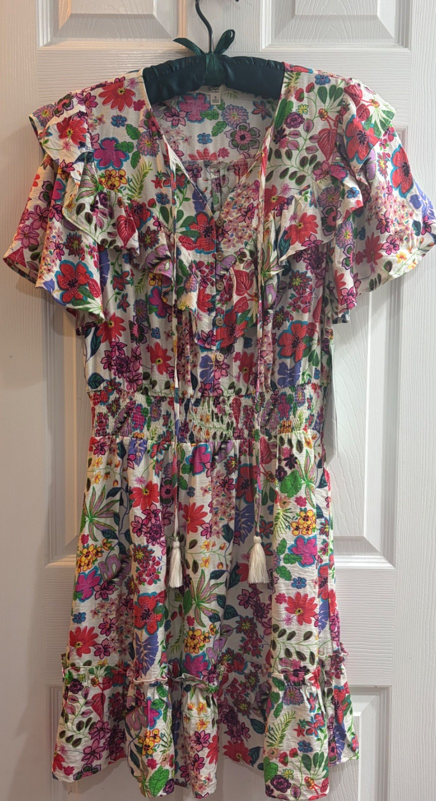 New Easel Boho Floral Button Front Tiered Ruffled Bottom Smocked Dress Small