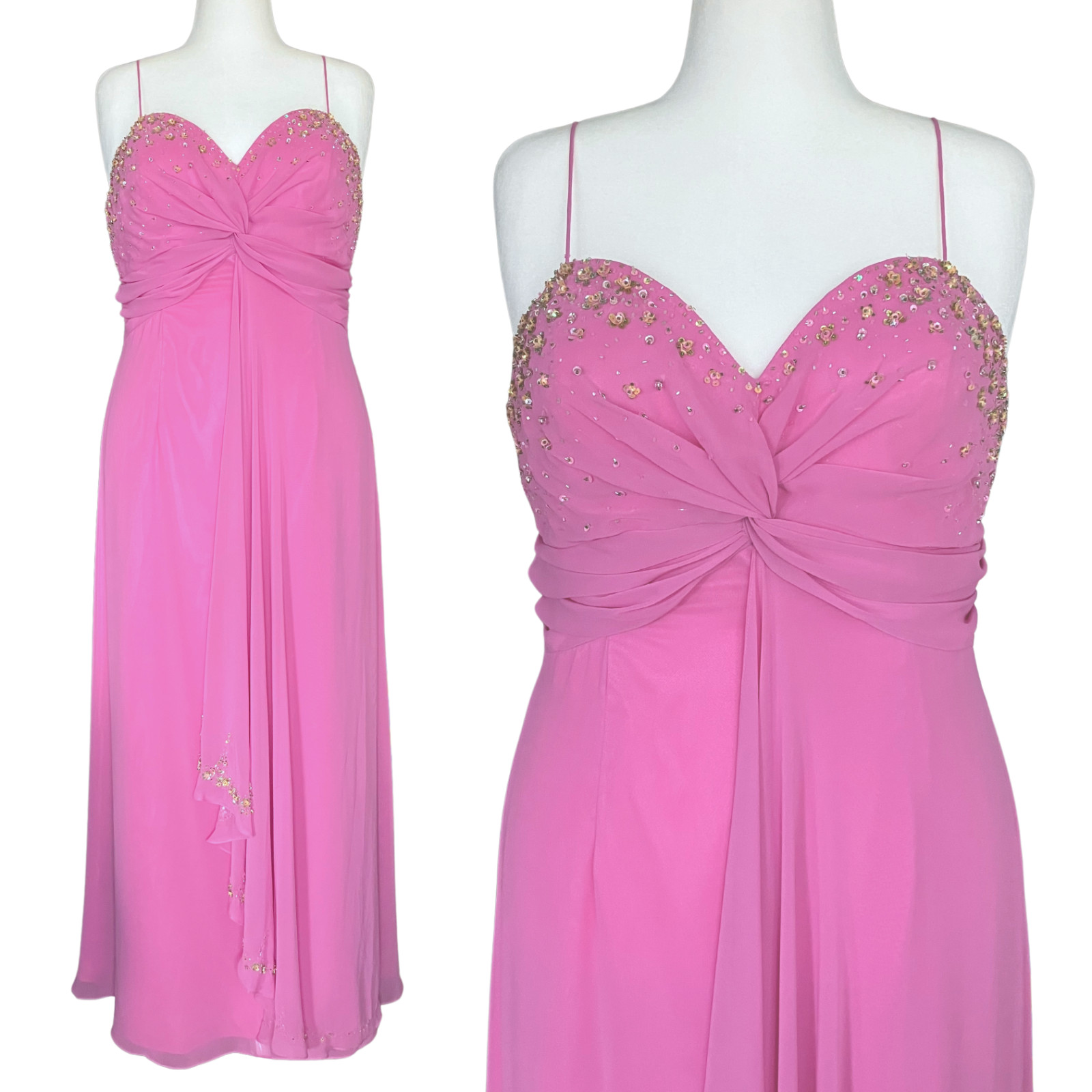Vintage Y2K Pink Beaded Sequin Flower Prom Dress. XL 14. Fairycore Glam Barbie