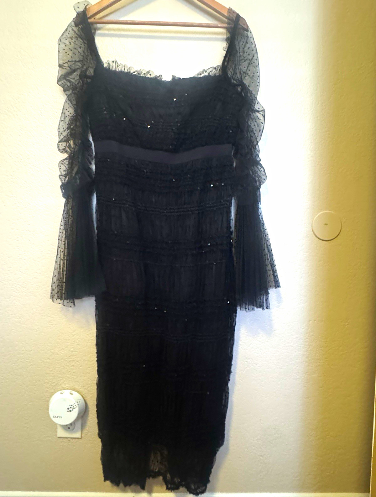 RAISSA Black Midi Sheath Dress L Long Puff Sleeve Tulle Polka Dot Sequin
