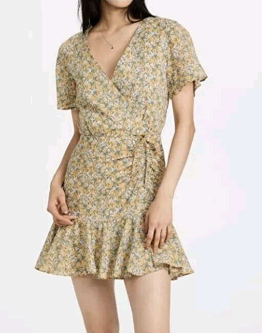 BB Dakota by Steve Madden Yellow Floral Side Cinch Mini Dress Sz M EUC