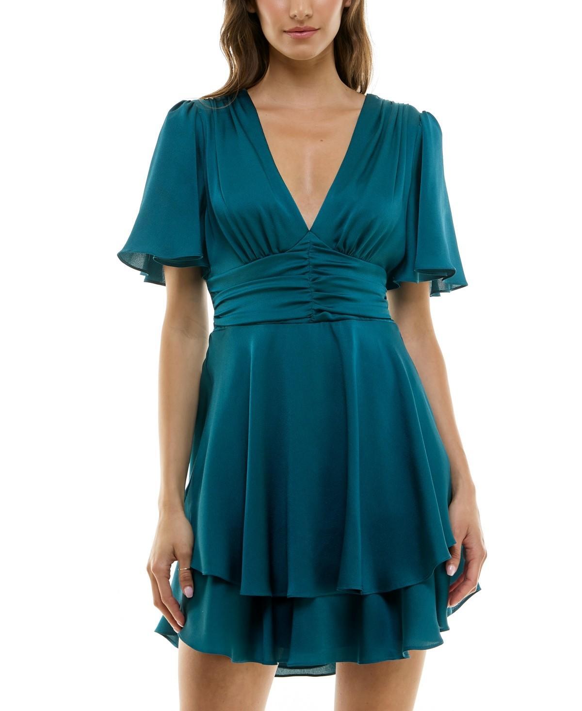 B Darlin Juniors’ Flutter-Sleeve Layered-Hem Dress – Dark Teal Size 3/4