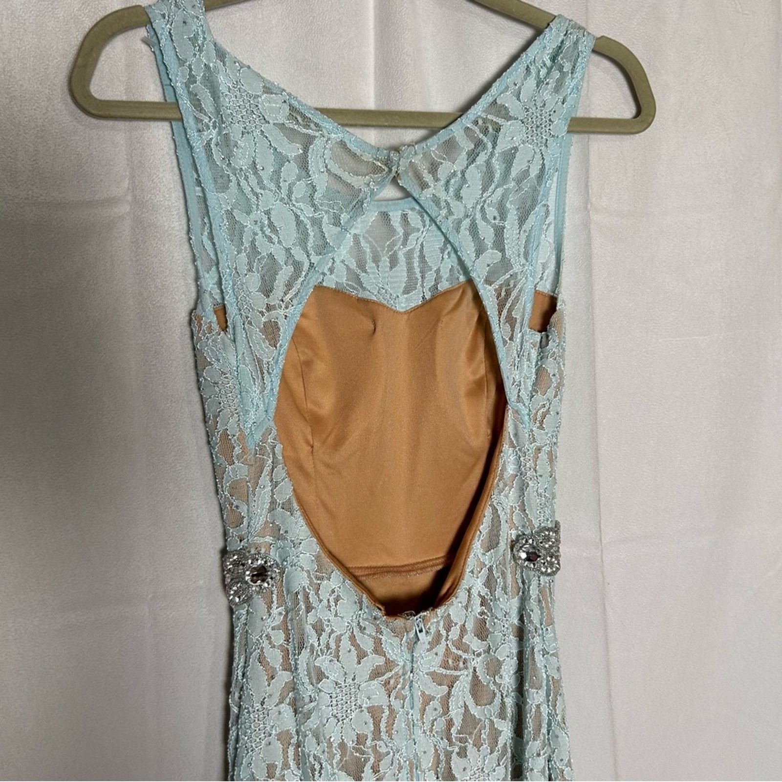 Deb 2000’s Lace Overlay Blue Open Back Cut Out Rhinestone Formal Maxi Dress 7