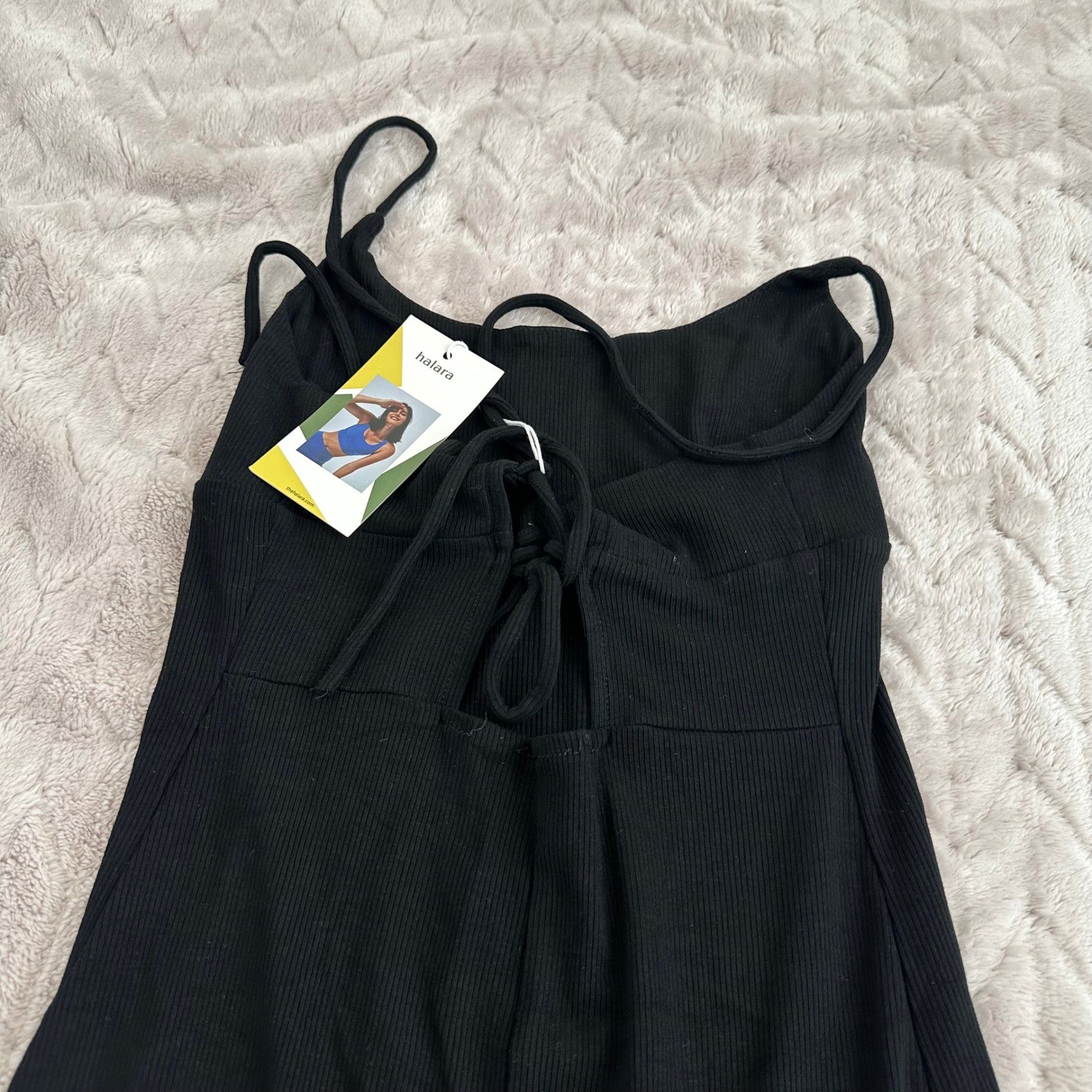 Halara Black Ribbed Lace Up Back Midi Dress Side Slit Medium NEW